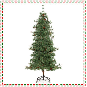 6 Feet Artificial Christmas Tree Pre-lit Hinged Xmas Tree with Warm White LED Lights and Pine Cones