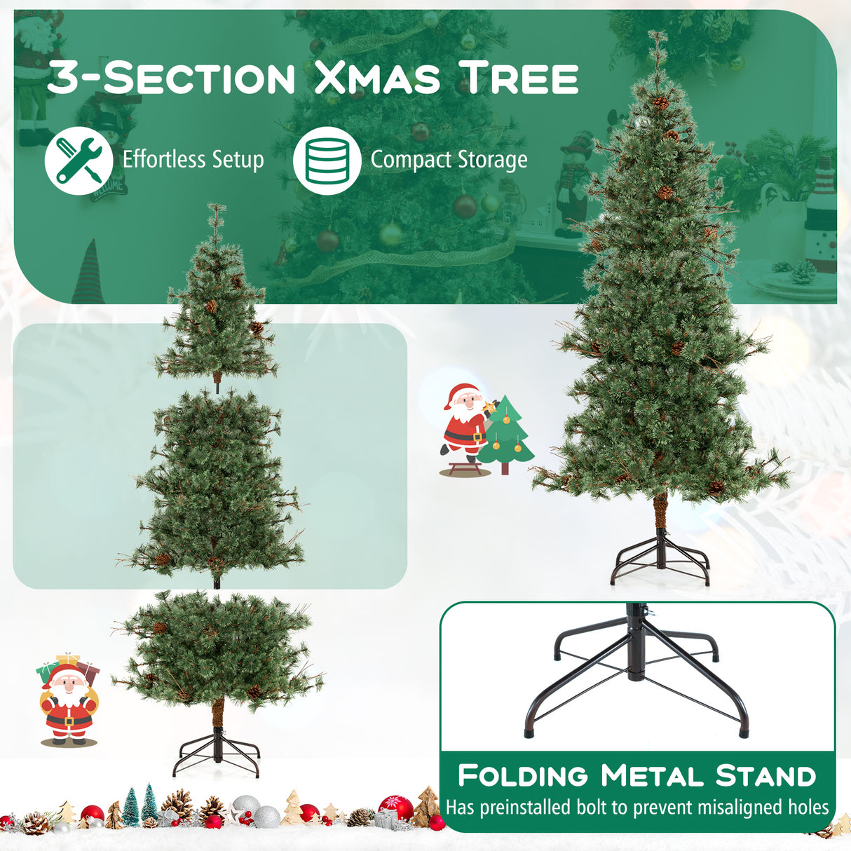 6 Feet Artificial Christmas Tree Pre-lit Hinged Xmas Tree with Warm White LED Lights and Pine Cones