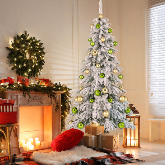 6 Feet Artificial Xmas Tree with 589 Flocked Branch Tips and 48 Xmas Balls