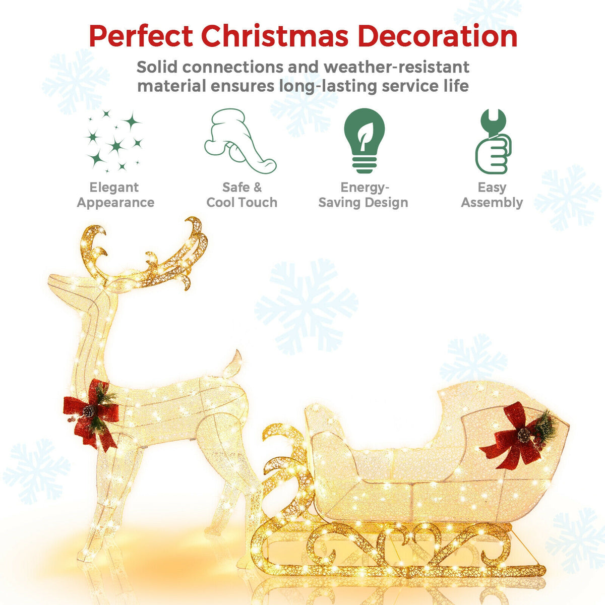 6 Feet Christmas Lighted Reindeer and Santa's Sleigh Decoration with 4 Stakes-Golden