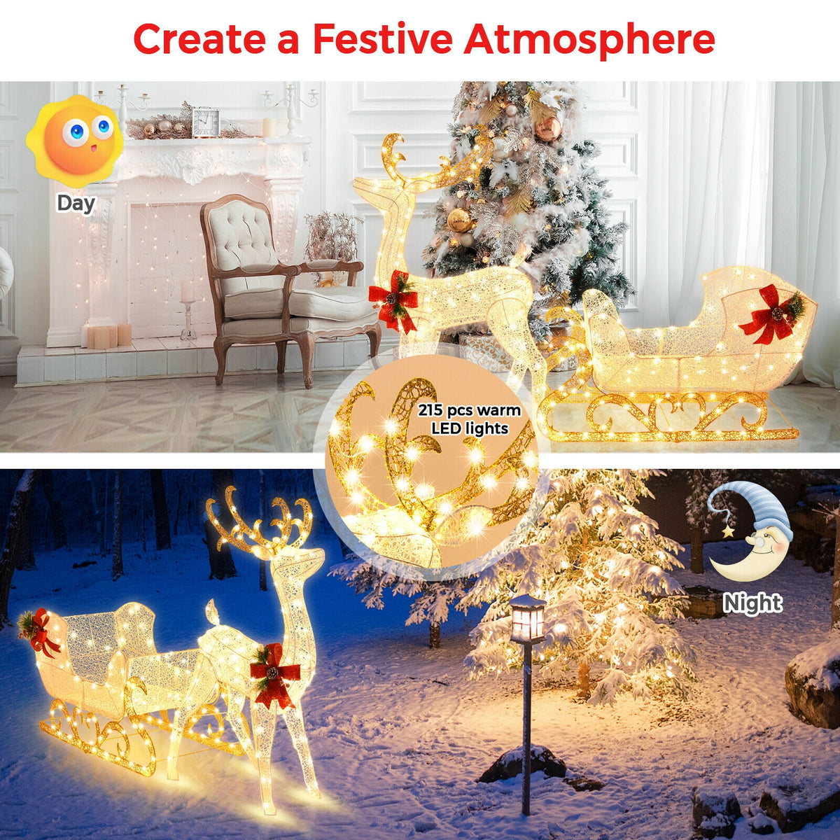 6 Feet Christmas Lighted Reindeer and Santa's Sleigh Decoration with 4 Stakes-Golden