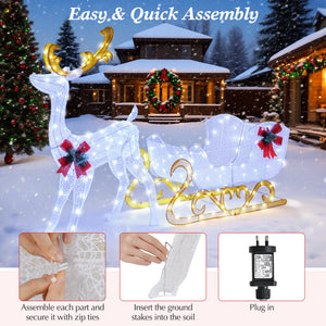 6 Feet Christmas Lighted Reindeer and Santa's Sleigh Decoration with 4 Stakes-White