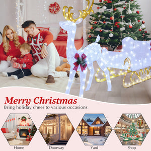 6 Feet Christmas Lighted Reindeer and Santa's Sleigh Decoration with 4 Stakes-White