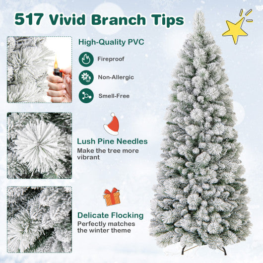 6 Feet Flocked Christmas Tree with Pine Needles and LED Lights