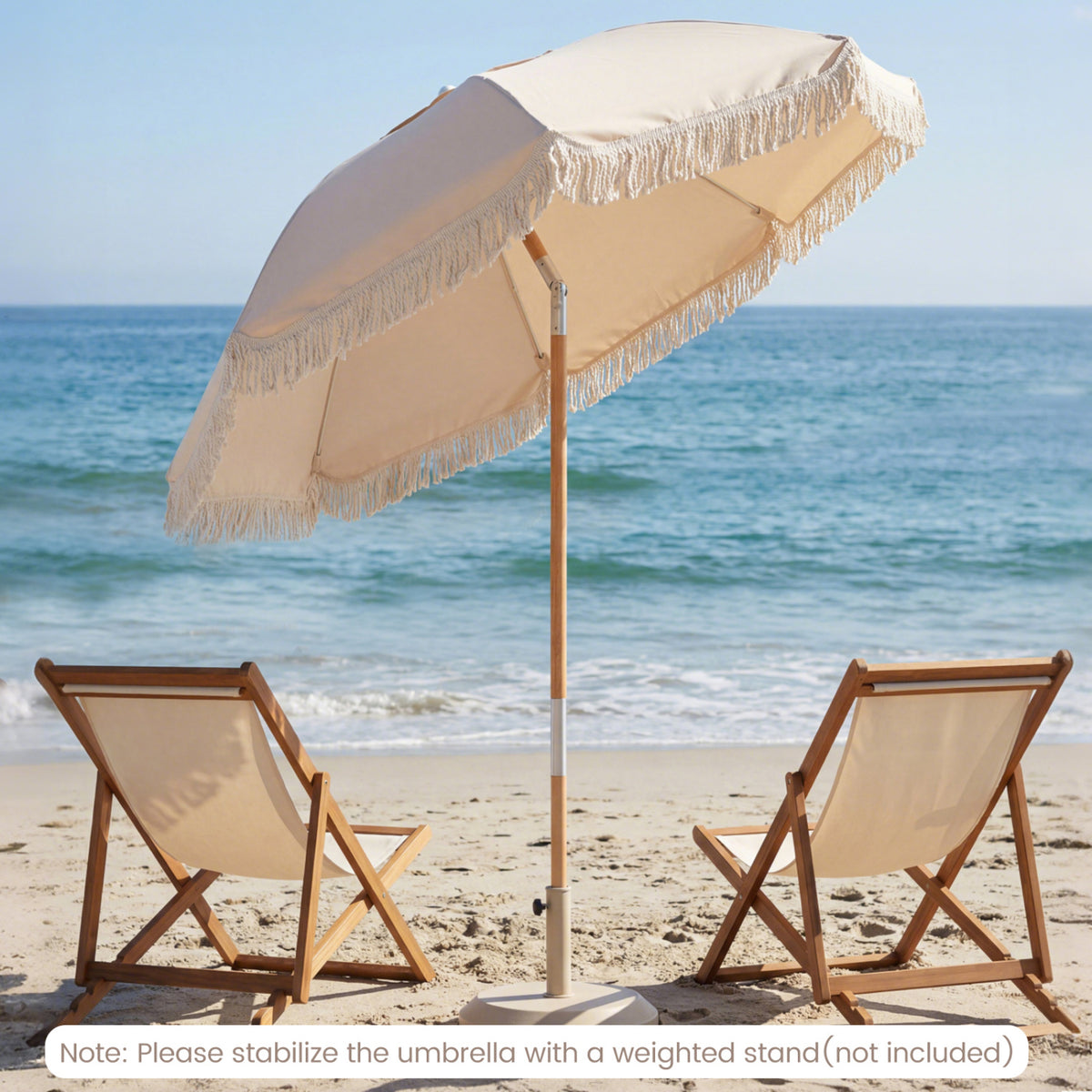 6 Feet Patio Umbrella with Fringe with Push Button Tilt and Wood Pole-Beige