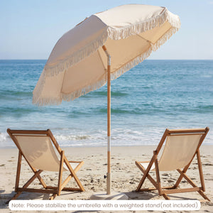6 Feet Patio Umbrella with Fringe with Push Button Tilt and Wood Pole-Beige