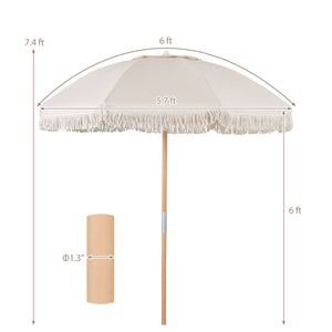 6 Feet Patio Umbrella with Fringe with Push Button Tilt and Wood Pole-Beige