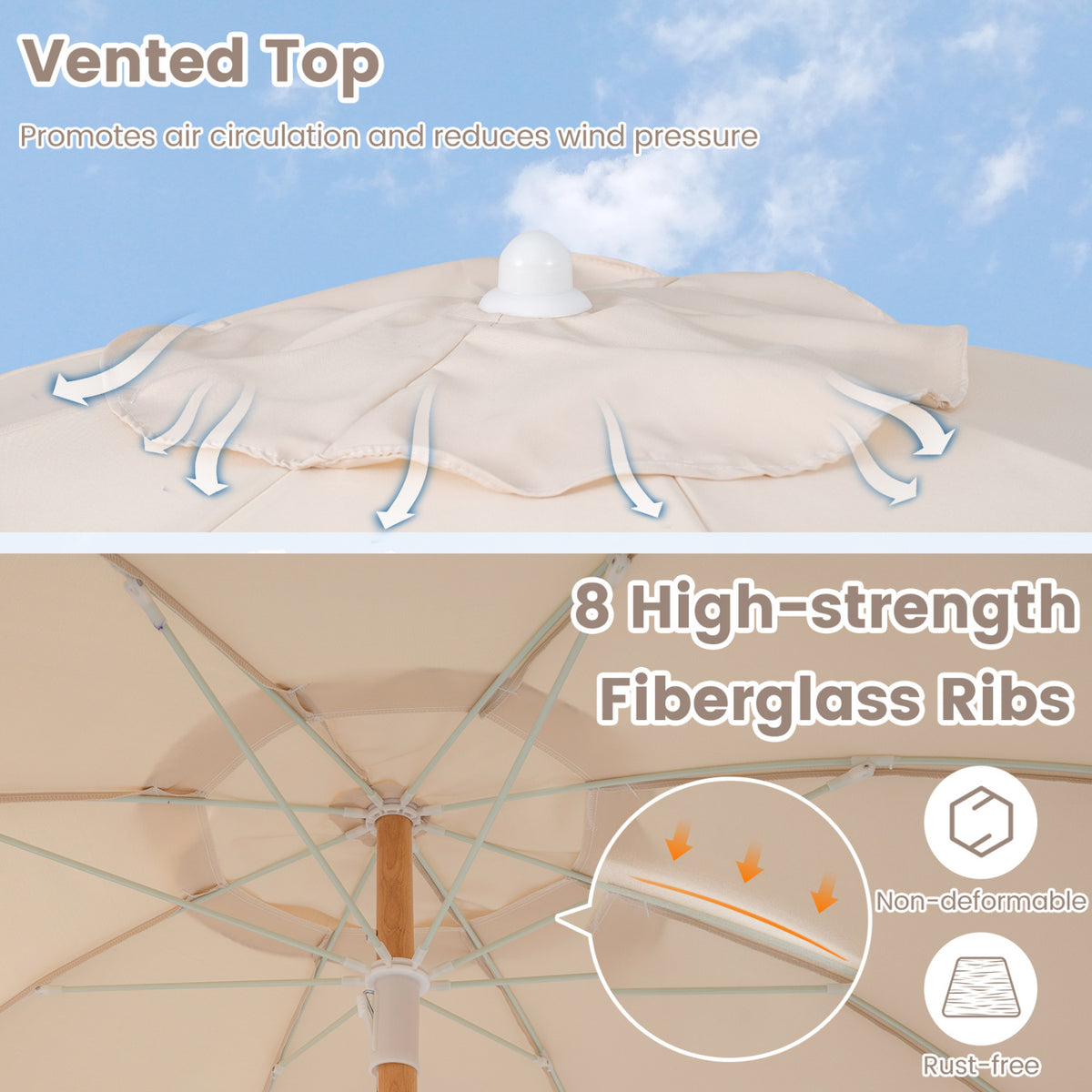 6 Feet Patio Umbrella with Fringe with Push Button Tilt and Wood Pole-Beige