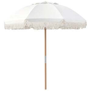 6 Feet Patio Umbrella with Fringe with Push Button Tilt and Wood Pole-White color