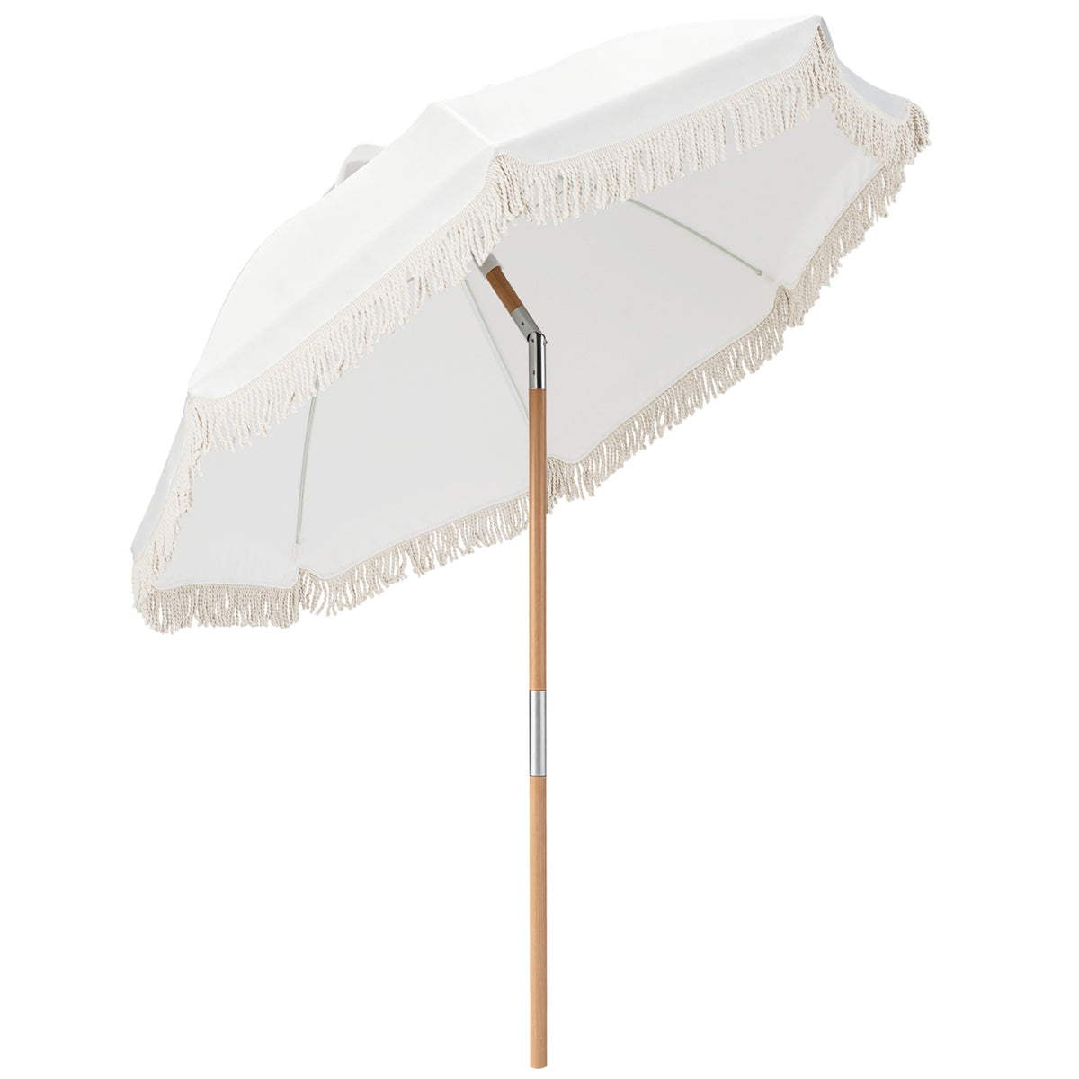 6 Feet Patio Umbrella with Fringe with Push Button Tilt and Wood Pole-White color