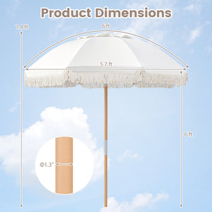 6 Feet Patio Umbrella with Fringe with Push Button Tilt and Wood Pole-White color