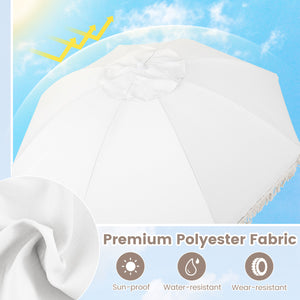 6 Feet Patio Umbrella with Fringe with Push Button Tilt and Wood Pole-White color