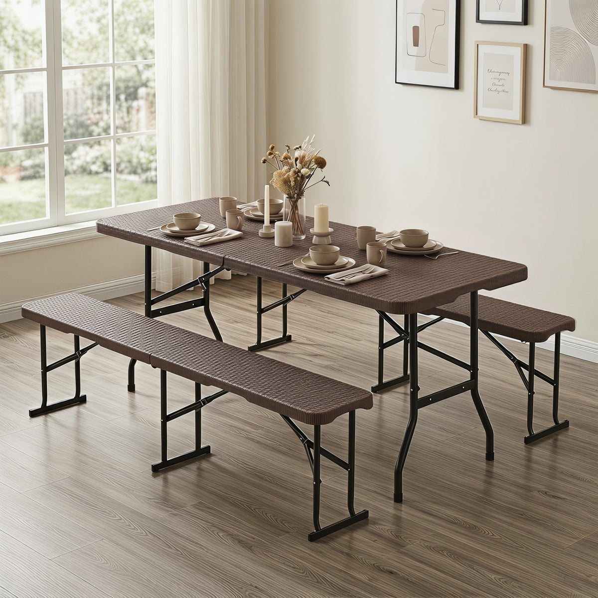 6 Feet Plastic Folding Bench Picnic Camping Dining Seat with Carrying Handle-Brown