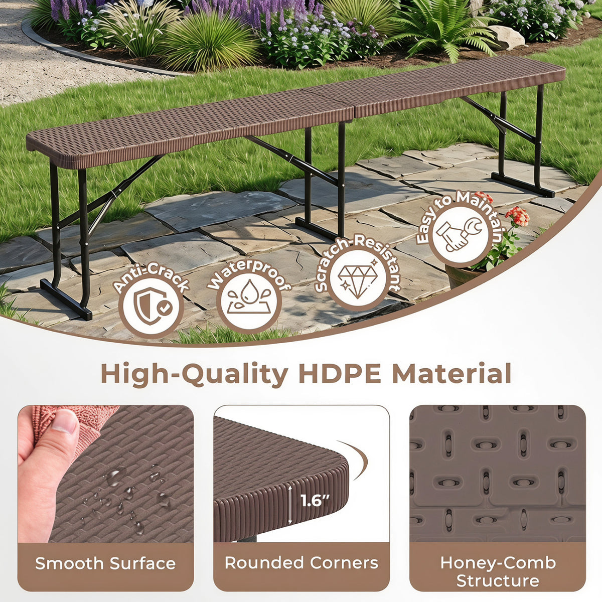 6 Feet Plastic Folding Bench Picnic Camping Dining Seat with Carrying Handle-Brown