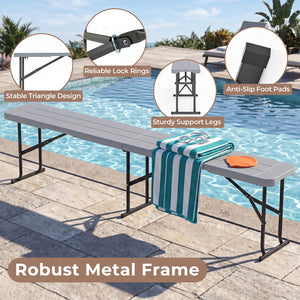 6 Feet Plastic Folding Bench Picnic Camping Dining Seat with Carrying Handle-Gray