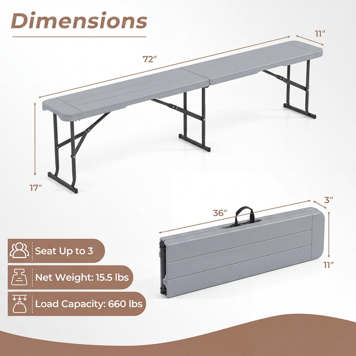 6 Feet Plastic Folding Bench Picnic Camping Dining Seat with Carrying Handle-Gray
