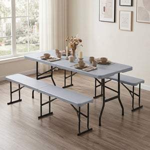 6 Feet Plastic Folding Bench Picnic Camping Dining Seat with Carrying Handle-Light Gray