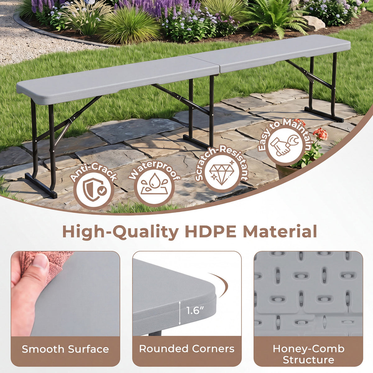 6 Feet Plastic Folding Bench Picnic Camping Dining Seat with Carrying Handle-Light Gray