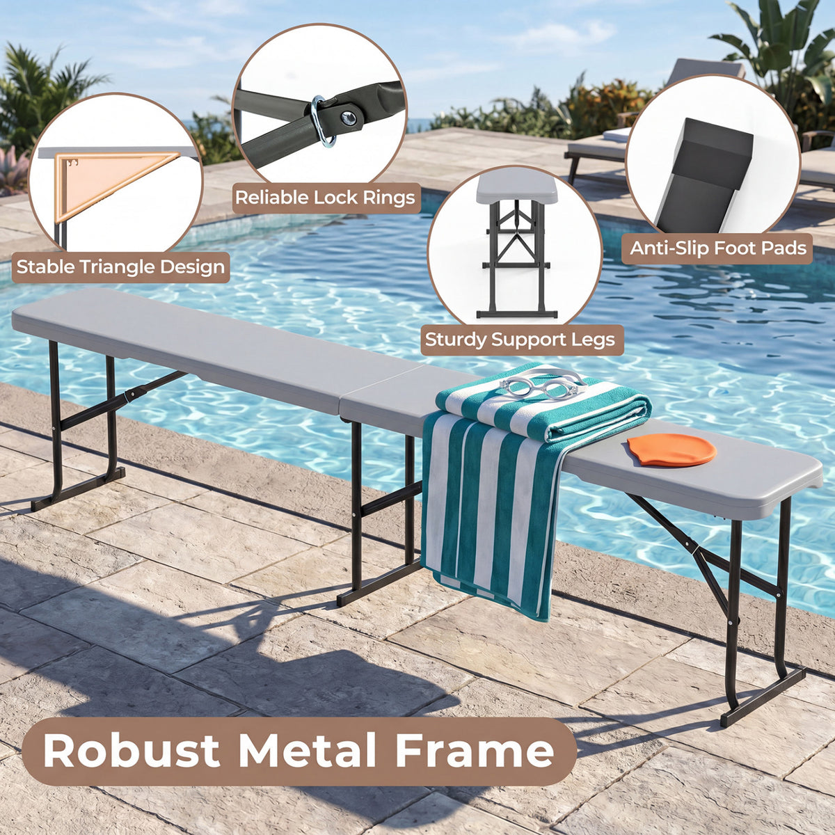 6 Feet Plastic Folding Bench Picnic Camping Dining Seat with Carrying Handle-Light Gray