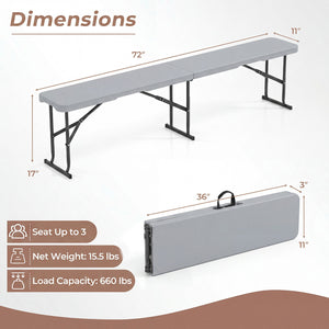 6 Feet Plastic Folding Bench Picnic Camping Dining Seat with Carrying Handle-Light Gray
