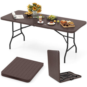 6 Feet Folding Table with Wood Grain HDPE Tabletop and Safe Lock Mechanism-Brown