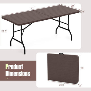 6 Feet Folding Table with Wood Grain HDPE Tabletop and Safe Lock Mechanism-Brown