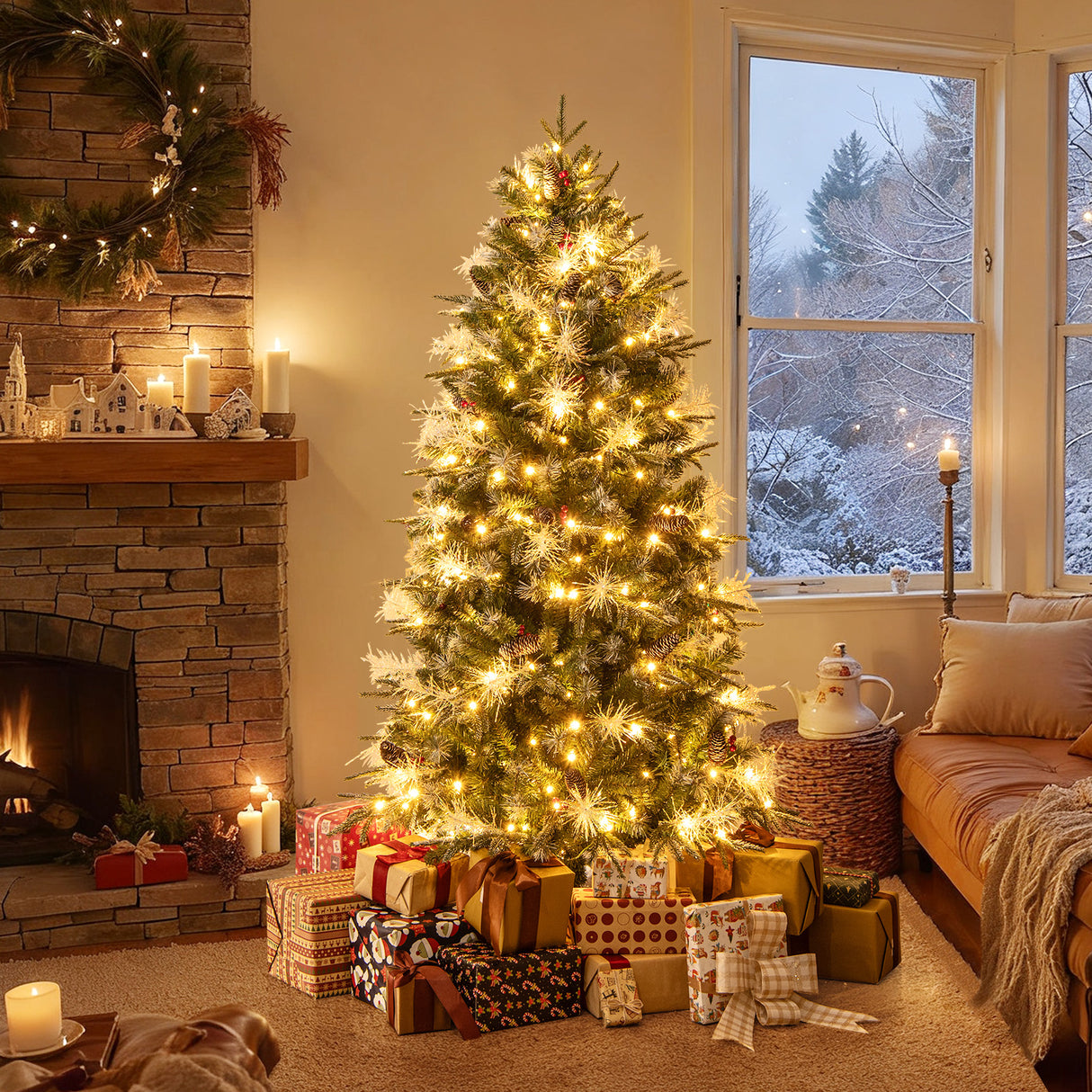 6 Feet Pre-Lit Artificial Christmas Tree with 8 Modes LED Lights with Berries