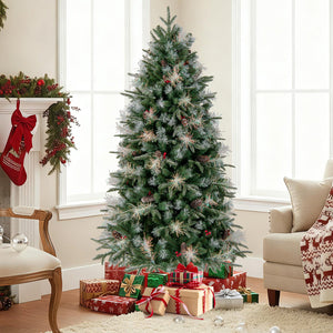 6 Feet Pre-Lit Artificial Christmas Tree with 8 Modes LED Lights with Berries