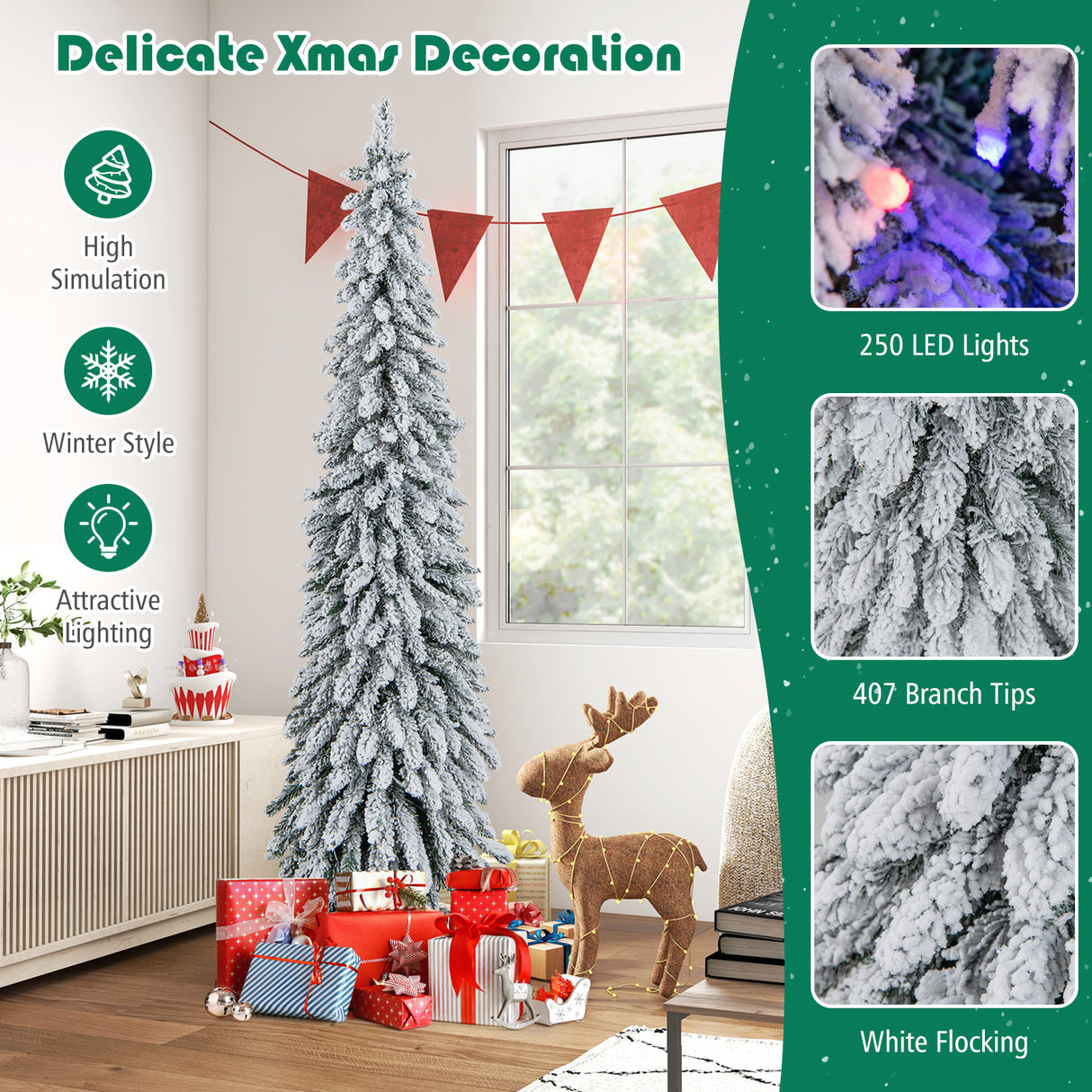 4/5/6 Feet Pre-Lit Artificial Christmas Tree Snow-Flocked Slim Pencil Xmas Decor-6 ft
