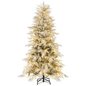 6 Feet Snow-flocked Artificial Christmas Tree Pre-lit Hinged Xmas Tree with Warm White LED Lights