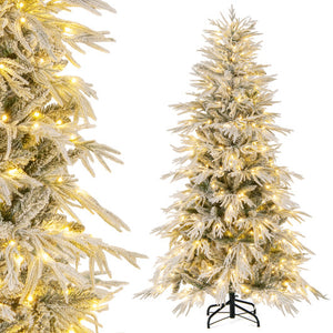 6 Feet Snow-flocked Artificial Christmas Tree Pre-lit Hinged Xmas Tree with Warm White LED Lights