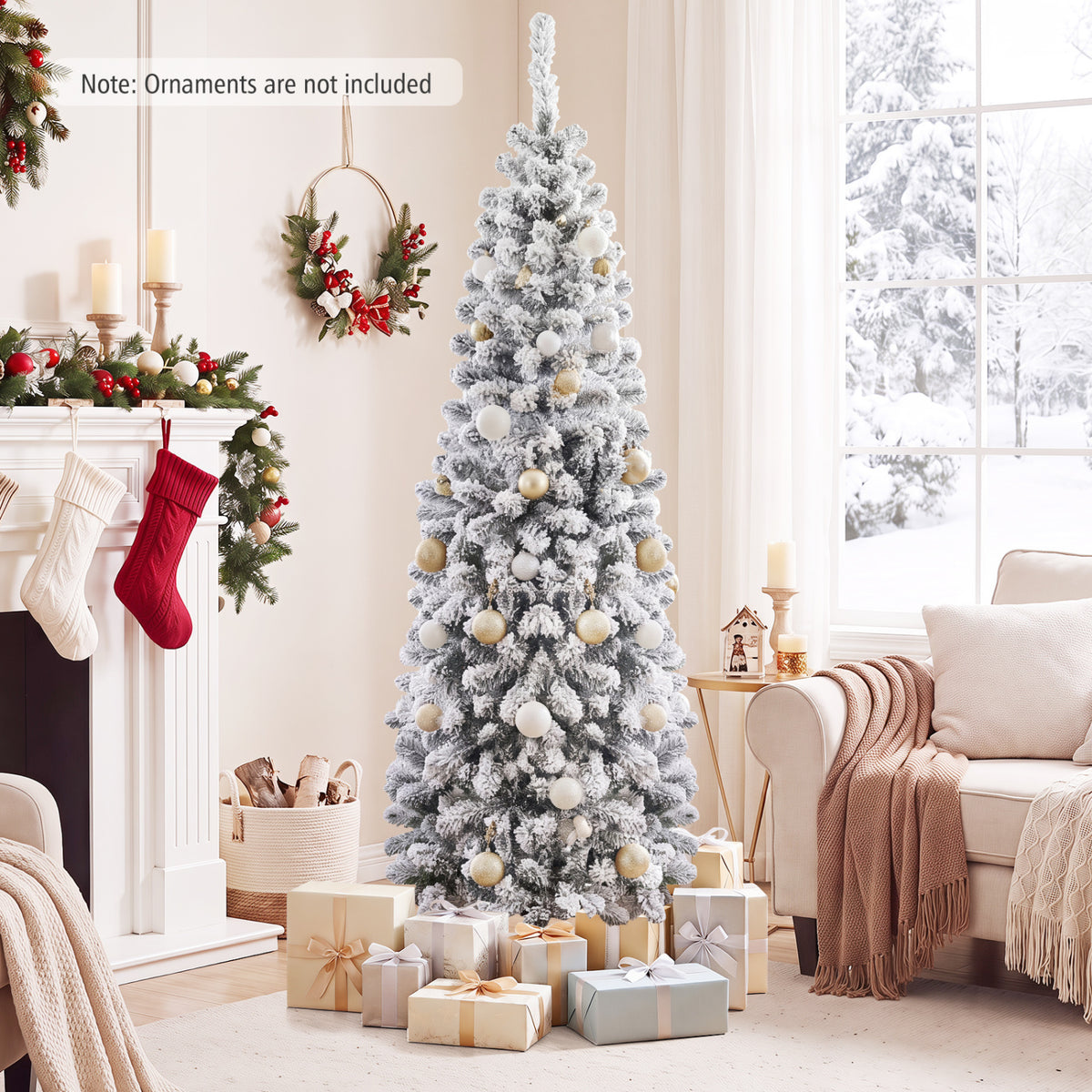 6 Feet Unlit Hinged Snow Flocked Artificial Pencil Christmas Tree with 500 Branch Tip