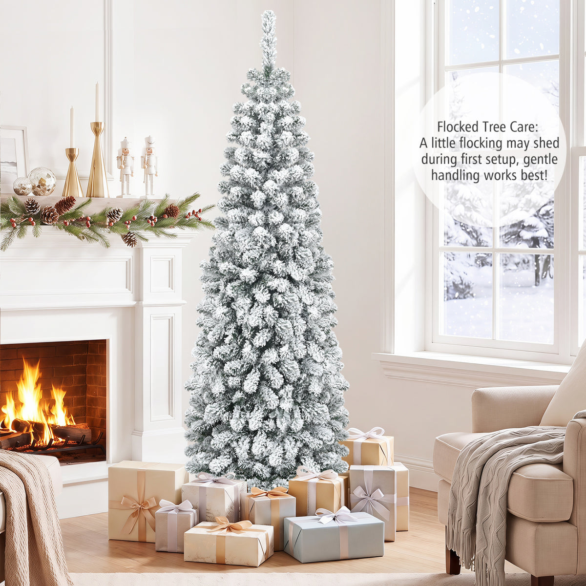 6 Feet Unlit Hinged Snow Flocked Artificial Pencil Christmas Tree with 500 Branch Tip