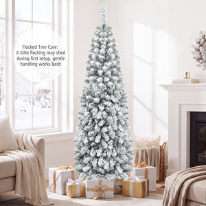 6 Feet Unlit Hinged Snow Flocked Artificial Pencil Christmas Tree with 500 Branch Tip