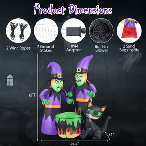 6 Ft Inflatable Halloween Witches with Cauldron & Black Cat