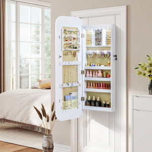 6 LEDs Mirror Jewelry Cabinet Wall or Door Mounted Lockable Jewelry Organizer-White