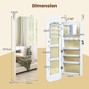 6 LEDs Mirror Jewelry Cabinet Wall or Door Mounted Lockable Jewelry Organizer-White