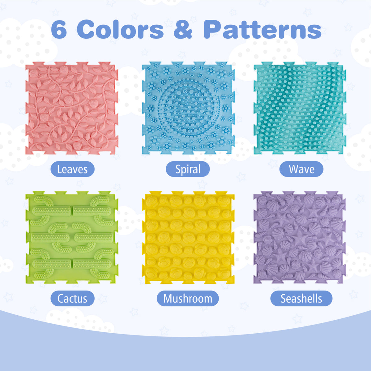 6 PCS Interlocking Sensory Mats with Rich Colors for Kids Adults-Color