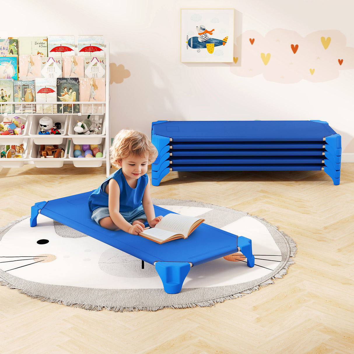 Portable 6 Pack Stackable Daycare Cots Sleeping Bed for Kids 52 Inch-Blue
