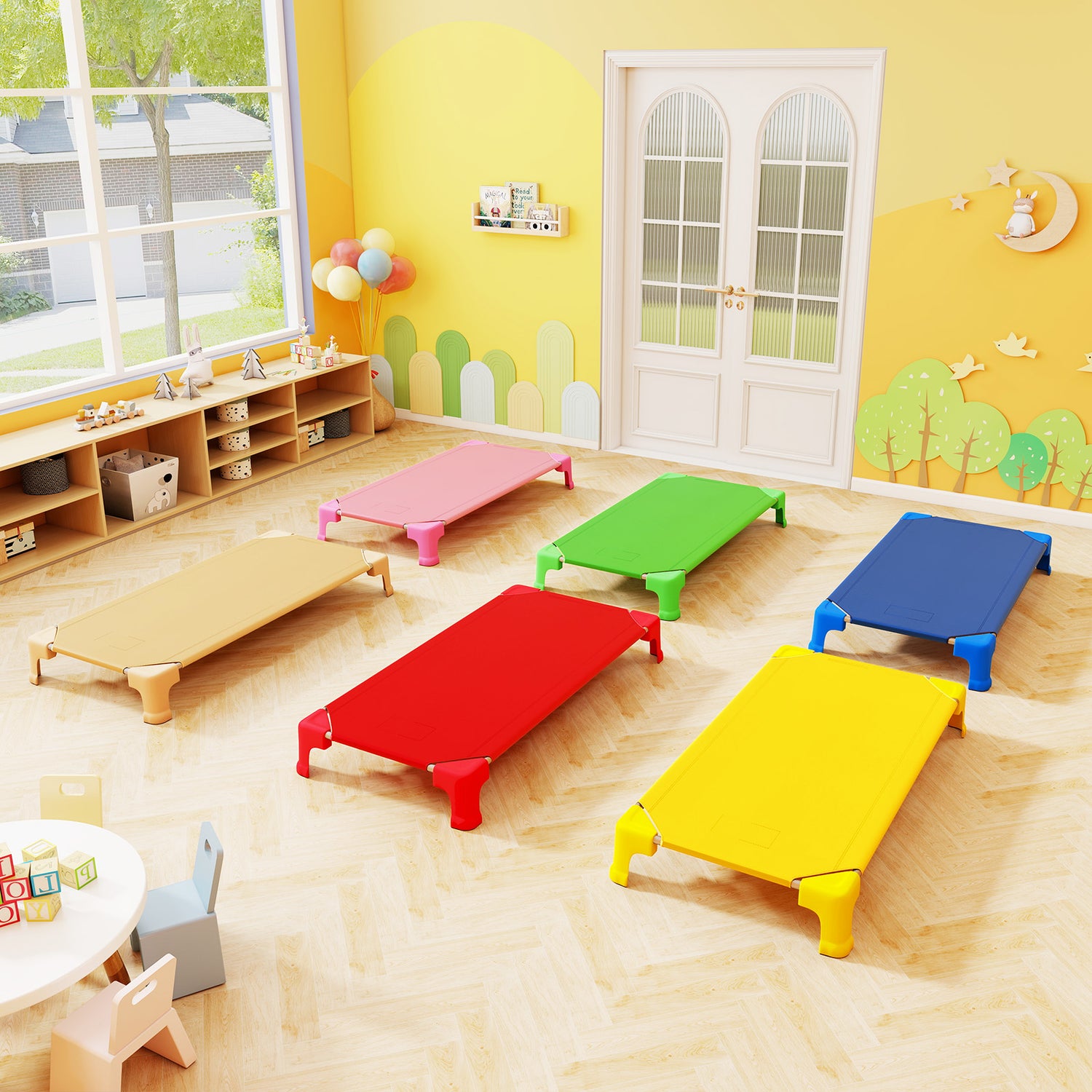Portable 6 Pack Stackable Daycare Cots Sleeping Bed for Kids 53 Inch-Multicolor
