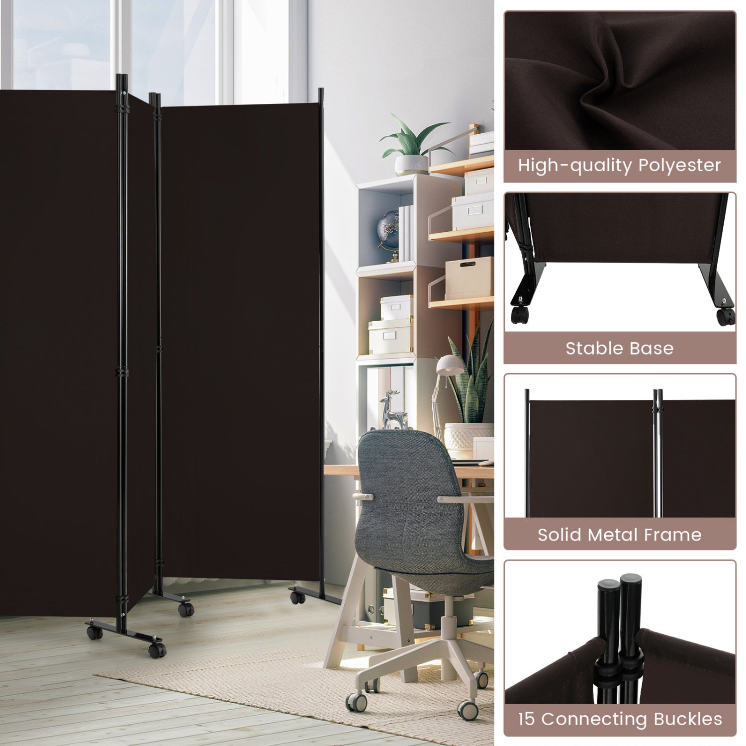 6 Panel 5.7 Feet Tall Rolling Room Divider on Wheels-Brown