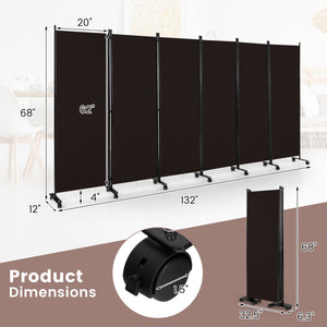 6 Panel 5.7 Feet Tall Rolling Room Divider on Wheels-Brown
