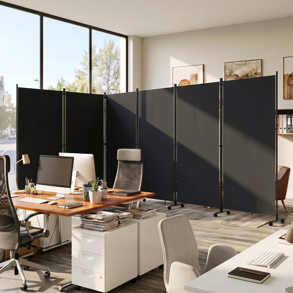 6 Panel Folding Privacy Screen Room Divider with Wheels-Black