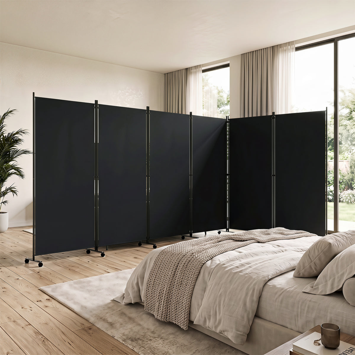 6 Panel Folding Privacy Screen Room Divider with Wheels-Black