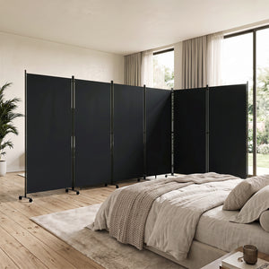 6 Panel Folding Privacy Screen Room Divider with Wheels-Black