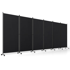 6 Panel Folding Privacy Screen Room Divider with Wheels-Black