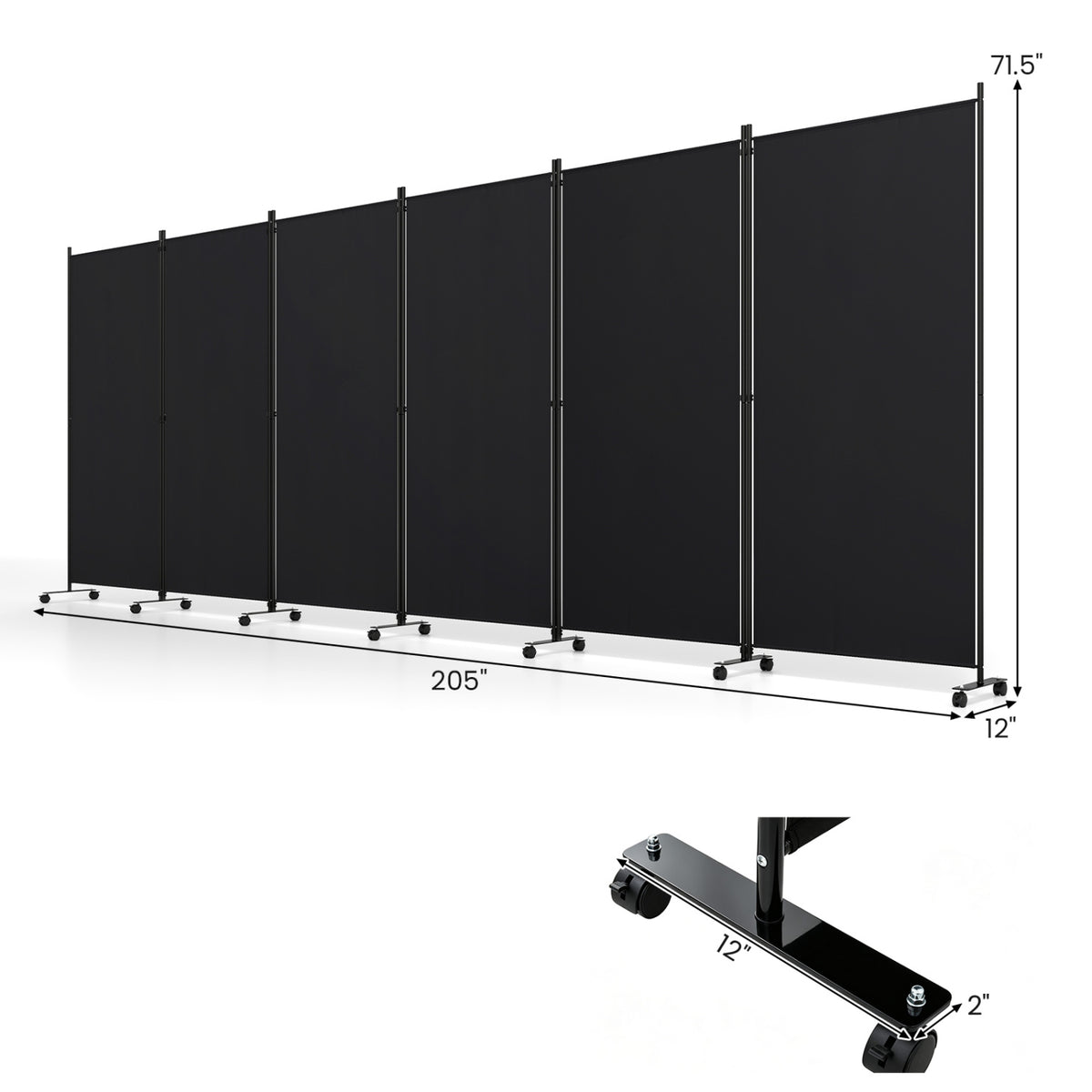 6 Panel Folding Privacy Screen Room Divider with Wheels-Black