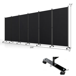 6 Panel Folding Privacy Screen Room Divider with Wheels-Black