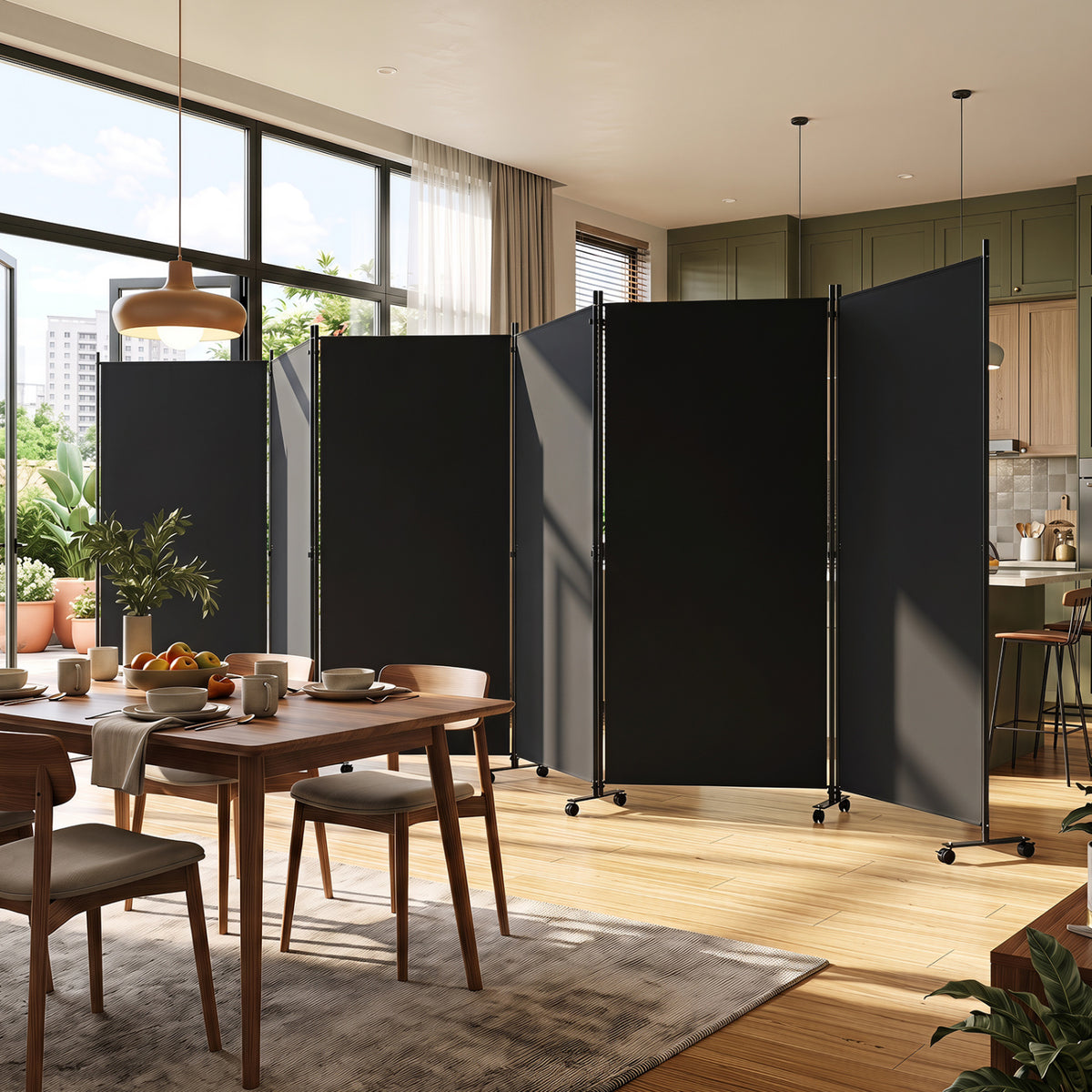 6 Panel Folding Privacy Screen Room Divider with Wheels-Black