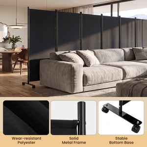 6 Panel Folding Privacy Screen Room Divider with Wheels-Black